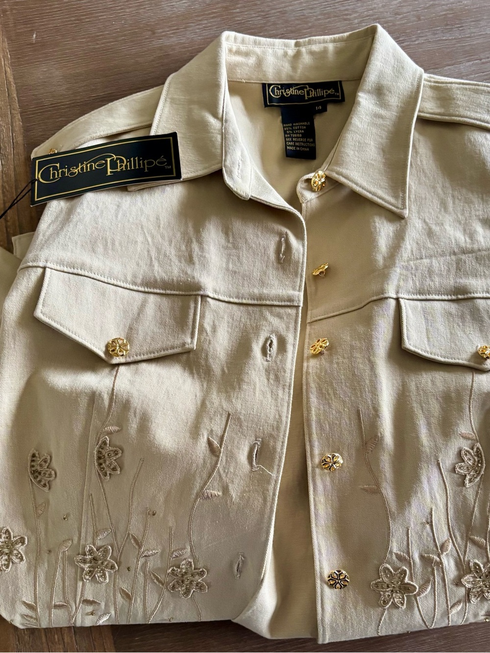 Christine Phillipe Embroidered Beige Button-Front Jacket NWT